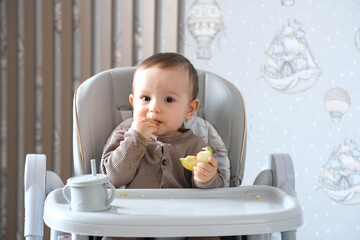 Baby is eating apple Mother giving healthy food to her adorable child at home