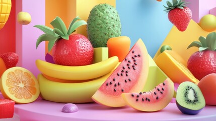 Colorful fruit composition with vibrant abstract shapes.