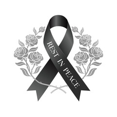 Black ribbon with Rest in peace text and bouquet of roses crossed around vector design