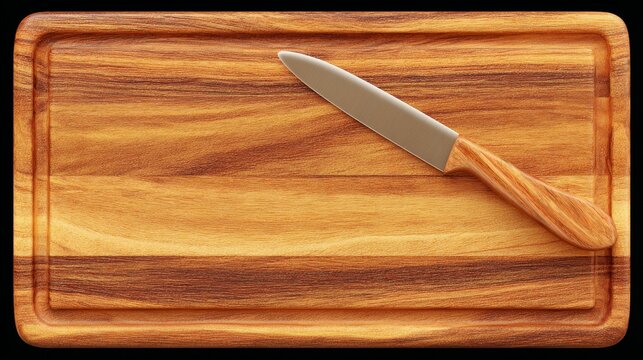 High quality wooden cutting board paired with sharp kitchen knife for everyday culinary preparation and food safety.