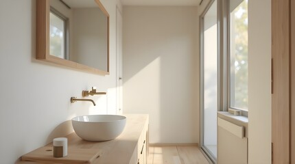 Bright Modern Bathroom Interior with Light Wood Vanity and Gold Faucet