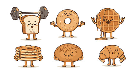 Funny Cartoon Characters A delightful collection of anthropomorphic breakfast foods engaged in humorous fitness and zen activities