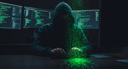 A cloaked figure, cloaked in mystery, hunched before computer screens, with lines of code cascade like digital rain, creating a visual metaphor for the world of digital crime.