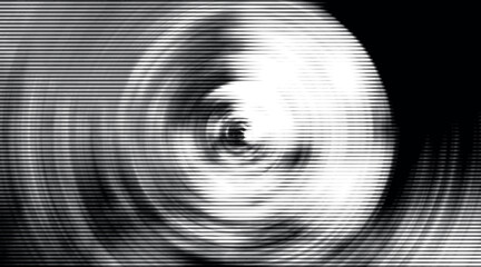Abstract monochromatic radial blur effect, a dynamic swirling vortex of light and shadow with digital noise textures, creating a mesmerizing and distorted visual background