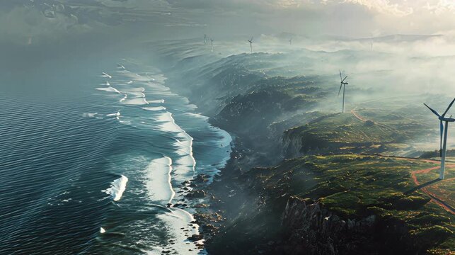 Aerial view of icy river cutting through rugged mountains, showcasing glacial terrain and natural cold landscapes with wind turbines spinning