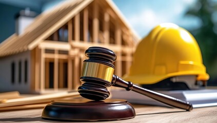 A gavel rests on a surface with a construction helmet and a house frame in the background, symbolizing the intersection of law and construction.
