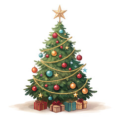 A christmas tree decorated with ornaments and a gold star with gifts underneath on a white surface