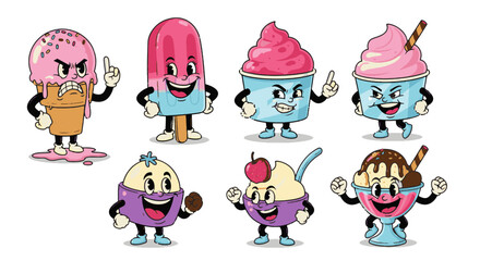 Fototapeta premium An adorable array of Funny Cartoon Characters bringing sweet life to various ice cream treats, popsicles, and sundaes with expressive, quirky personalities