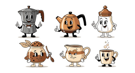 Funny Cartoon Characters Illustrating Cheerful Kitchenware for Coffee and Tea Time with Adorable Anthropomorphic Design