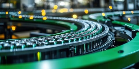 Naklejka premium A close-up view of a conveyor belt system in a factory, showcasing a circular track with bottles or containers, illuminated by soft lights.