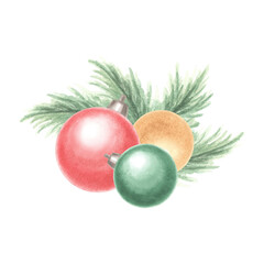 Christmas tree balls and pine twigs. Hand drawn watercolor illustration for New Year design. Spruce with colorful decoration. Winter holiday clipart. Isolated template for postcard, print, wrapping.
