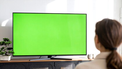 Woman Watching Green Screen TV, Modern Interior, Bonsai, Chromakey Display.