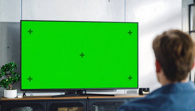 Man Watches Green Screen TV in Modern Living Room with Bonsai Tree - Powered by Adobe