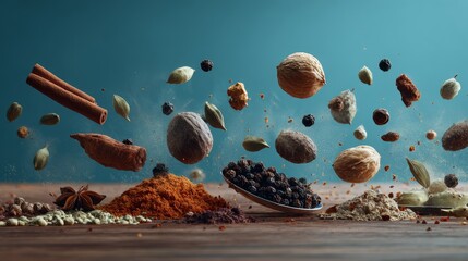 conceptual art of Indonesian spices levitating in mid-air as floating ingredients, surreal culinary magic, commercial gastronomy concept, 8k ultra detail 