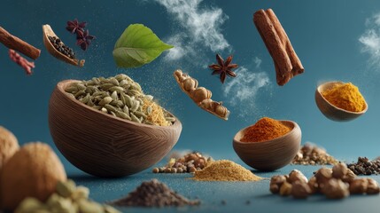 conceptual art of Indonesian spices levitating in mid-air as floating ingredients, surreal culinary magic, commercial gastronomy concept, 8k ultra detail 