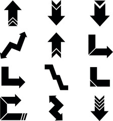 Set of diverse black arrows in various shapes pointing up down left right and diagonal directions