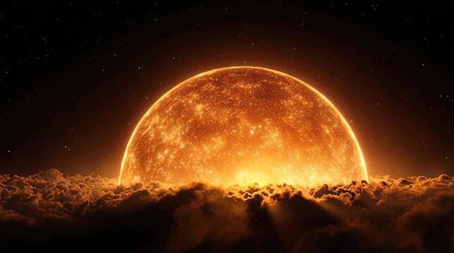 Close-up of glowing sun with dramatic fiery clouds, representing solar energy and intense heat