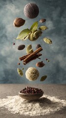 conceptual art of Indonesian spices levitating in mid-air as floating ingredients, surreal culinary magic, commercial gastronomy concept, 8k ultra detail 