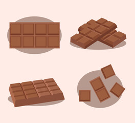 Milky or dark delicious chocolate bar square piece set flat illustration