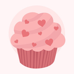 Valentine's day decorated pink muffin with heart cute cookie flat illustration