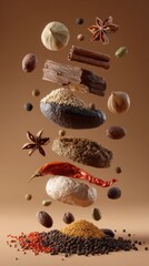 conceptual art of Indonesian spices levitating in mid-air as floating ingredients, surreal culinary magic, commercial gastronomy concept, 8k ultra detail 