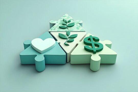 3P or 3Ps sustainability framework. 3D jigsaw triangle showing heart, plant, and dollar icons symbolizing people, planet, profit sustainability concept in green-blue tones
