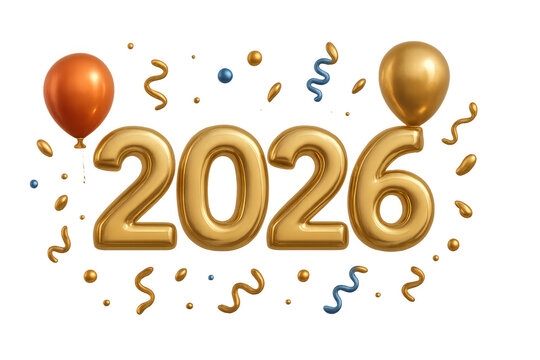Golden 2026 numerals with festive balloons, confetti, and ribbons marking new year celebration background