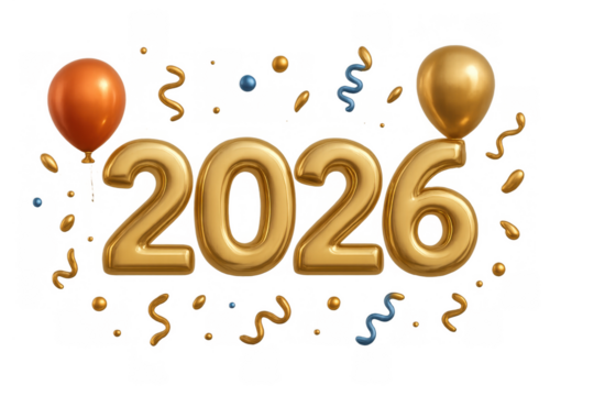 Golden 2026 numerals with festive balloons, confetti, and ribbons marking new year celebration background