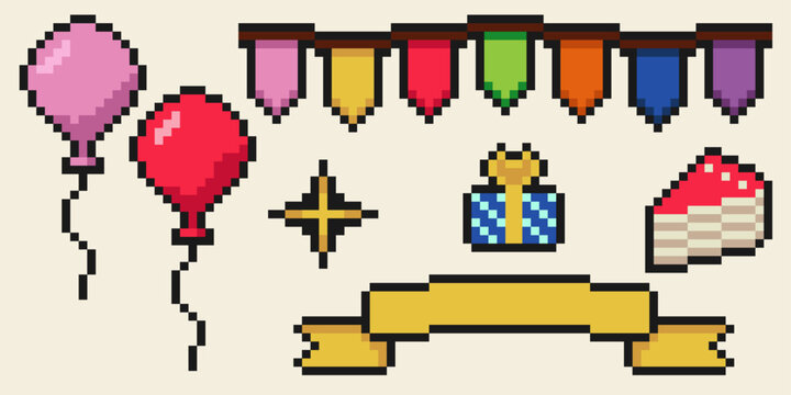 Set of pixel 8-bit elements for birthday party. Balloons, gift, ribbon and cake pixelated. Vector illustration