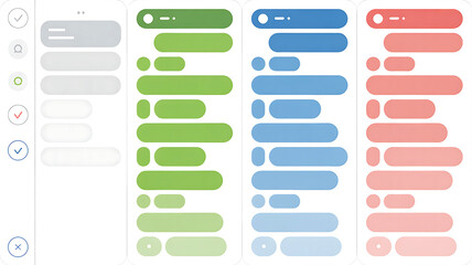 Four vertical phone screens showing chat message bubbles and icons on white backgrounds on png transparent background
