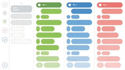 Four vertical phone screens showing chat message bubbles and icons on white backgrounds on png transparent background