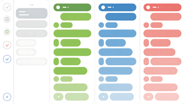 Four vertical phone screens showing chat message bubbles and icons on white backgrounds on png transparent background
