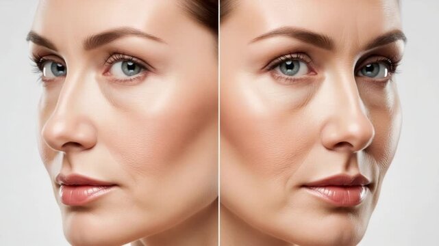 Woman's face split showing skin before and after treatment with eyes closed against grey background