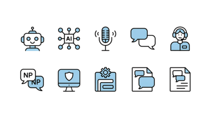 Set of Ten White Outline Icons for AI, Communication, and Technology on Black Background on png transparent background