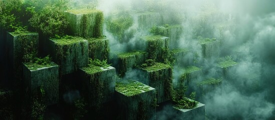 Obraz premium A surreal landscape with moss-covered structures emerging from mist, blending nature and architecture in a dreamlike scene.