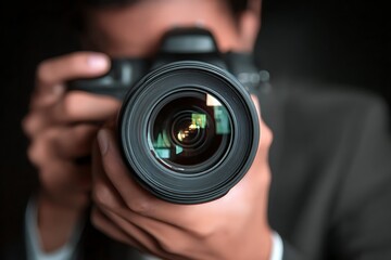 Focused DSLR Camera Lens Capturing Professional Photographer Close Up View Equipment