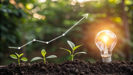 Sustainable growth concept with seedlings, upward trending graph, and lightbulb representing new ideas for eco-friendly business ventures