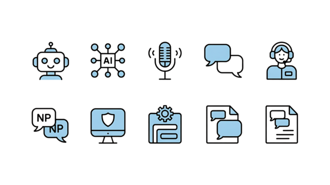 Set of Ten White Outline Icons for AI, Communication, and Technology on Black Background on png transparent background