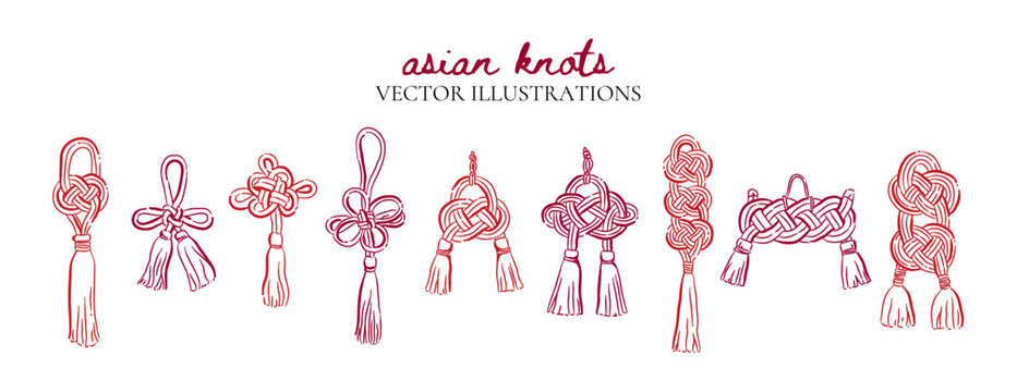 Hand drawn traditional asian knots, Whimsical drawing auspicious knot ornament with cultural festive. good luck symbols decoration vector illustration