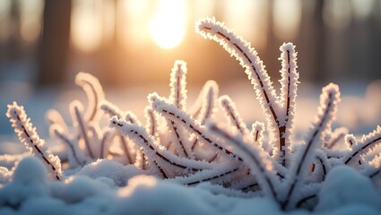  frozen twigs in hoarfrost glisten in the sun. winter landscape with sun flare glare, hoar frost, frost, christmas, background, beautiful, morning