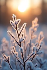  frozen twigs in hoarfrost glisten in the sun. winter landscape with sun flare hoar frost, frost, morning, beautiful, background, glare, christmas