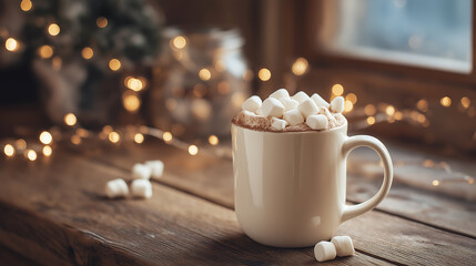 Cozy winter hot chocolate with marshmallows and christmas lights scene