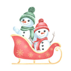 Cute snowmen in hats and scarfs rides in red sleigh with gold trim. Hand drawn watercolor kids illustration isolated. Santa Claus carriage, winter holiday clipart for greeting card, wrapping, sticker.