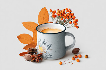 Illustration of warm drink in cup with autumn colors