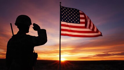 Vertical video of a soldier saluting the American flag at sunset. Military silhouette honoring the USA with a waving flag. Patriotism and remembrance concept - Powered by Adobe