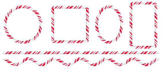 Set of candy cane borders in the shape of square, circle and oval. Vector Christmas candy frames. Striped candy lollipop pattern brush.