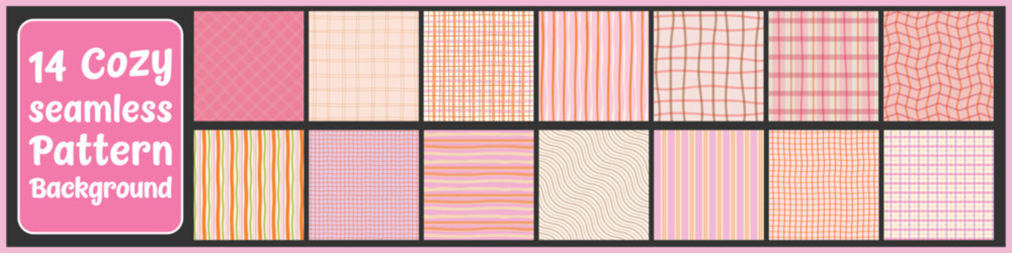 Abstract Seamless stripe line pattern, wavy and grid texture vector Bundle, Colorful pattern of plaid background illustration Set