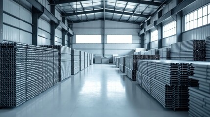 Fototapeta premium A spacious industrial warehouse interior showcasing neatly stacked metal profiles, ready for distribution and construction projects.