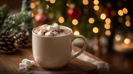 Cozy christmas hot chocolate with marshmallows and festive decorations