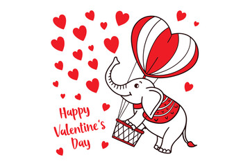 Cute elephant holding a heart balloon. Adorable Valentine illustration perfect for kids cards and romantic artwork.